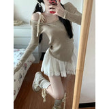 Bomve-Set female 2024 Harajuku sense strapless asymmetric one-shoulder knitted bottoming shirt top half-body skirt spring new