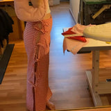 Bomve-Women Spring Summer y2k Plaid Print Loose Long Pants Side Tie Bow Wide Leg Pants High Waist Gingham Trousers Loungewear Pants