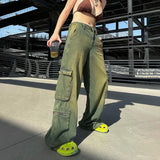 Bomve-Grunge Fairycore Cargo Pants Denim Y2K Aesthetic Chic Dragon Embroidery Women Jeans Baggy Distressed Chic Trousers