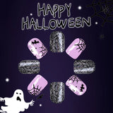 Bomve-Helloween sminken 24pcs Purple Halloween Nail Art Set-Short Square Press-On Nails with Ghost Bat Spider Web Designs Fake Nails for Women and Girls