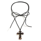 145CM Adjustable Long Rope Chain With Large Cross Jesus Pendant Necklace Vintage Gothic Bowknot Choker Halloween Party Jewelry