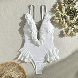 Bomve Summer New White Body Suit One Piece Swimsuit Bikini For Women Sexy Deep V-Neck Backless Lace Patchwork Bodycon Outfits