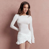 Bomve Ruffle Pleated Bodycon Mini Dress Women's White Long Sleeve High Waist Dress Pullover Patchwork Mini Dress Streetwear