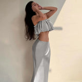 Bomve One-Shoulder Strap Crop Top Slim Skirt Suit For Women Sexy Satin Top Solid Long Skirt Female Party Summer Two Pieces Set