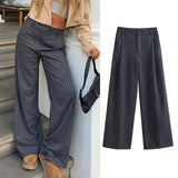 BOMVE 2024 Fashion Striped Women Wide Leg Pants Female Casual Loose with Zipper Fly Trousers Ladies Mid Waist Elegant Pants