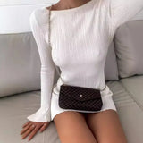 Bomve New Long Sleeve Knitted Mini Dress Women's Sexy Backless Strappy Dress Autumn Solid Color High Waist Knitted Mini Dress