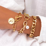 Punk Metal Cuban Chain Bracelets Set for Women Vintage OT Buckle Imitation Pearl Pendant Bangles Couple Fashion Wrist Jewelry