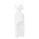 Bomve Women's Summer Fitted Cocktail Dress White Sleeveless Irregular Ruffle Hollow Party Dress Clubwear Y2K Streetwear