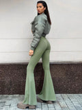 Bomve Zipper Sexy Body-Shaping Women Clothing Half Turtleneck Bodycon Jumpsuit Long Sleeves Bell-Bottomed Pants Street Clubwear