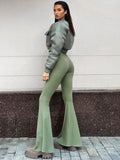 WeiYao Zipper Sexy Body-Shaping Women Clothing Half Turtleneck Bodycon Jumpsuit Long Sleeves Bell-Bottomed Pants Street Clubwear