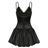 Bomve Women Stylish Chic Black Spaghetti Strap Balloon Dress Party Outfits Sexy V-neck Lace Patchwork Zipper Mini Dress