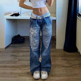 Bomve Y2K Vintage Low Waist Loose Jeans Women's Straight Denim Trousers Pockets Aesthetic Blue Pants 90s E-Girls Streetwear