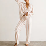 Bomve Women Striped Pajamas Set Long Sleeve Shirt Top Elastic Wide Loose Pants Y2k 2 Piece Casual Lounge Sleepwear Nightwear