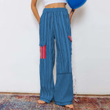 Bomve-Women Striped Patchwork Pants y2k Aesthetic Wide Leg Loungewear Pants Casual Loose High Waist Long Pants Trousers with Pockets