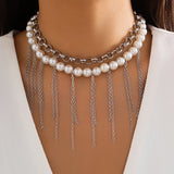 Bomve 2Pcs Multilayer Imitation Pearl Tassel Link Chain Necklace for Women Vintage Beads Choker Y2K Jewelry Wed Accessories