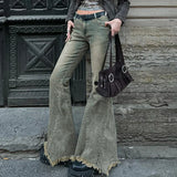 Bomve Fashion Street Women Boot Cut Frayed Jeans Y2K Vintage Denim Flare Pants Grunge Stylish Autumn Slim Fit Trousers