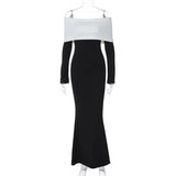 Bomve Elegant Backless Patchwork Long Dress Women's Fashion Long Sleeve High Waist Party Dress Strapless Slim Sexy Long Dress