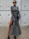 Bomve Loose Side Slit Skirt Two Piece Sets Womens Outfits 2024 Women Dress Sets Short Long Sleeve Hoodies And Skirts Suit Femme