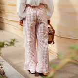 Bomve Women Ruffle Gingham Pants Cute Plaid Wide Leg Lounge Pants Casual Checkered Pajama Bottoms Ruffle Hem Trousers