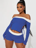 Bomve Splice Bodycon Short Sets For Women Summe Lace-up Hollow Out Crop Top Femme Slim Shorts 2 Piece Suits Womens Outfits 2023