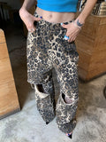 Bomve-Leopard Ripped Wide Leg Jeans For Women High Waist Patchwork Button Loose Fashion Denim Pant Female Clothing New