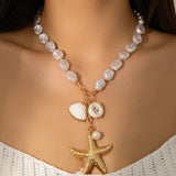 Bomve Boho Punk Big Starfish Conch Pendant Necklace for Women Wed Bride Creative Imitation Pearl Chain Jewelry Accessories