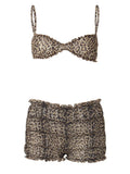 Bomve Sexy Y2K Leopard Shorts 2 Piece Set Women Sheer Chiffon Agaric Laces Bra Ruched Cake Slim Suit Summer 2024 Beachwear