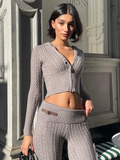 Bomve Knitted Zipper Crop Hooded Sweater Flare Pants Set Women Long Sleeve Woolen Cardigan Spliced PU Trousers Slim Y2K Outfit