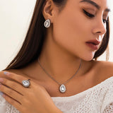 3Pcs Luxury Water Drop Rhinestone Pendant Choker Necklace Stud Earrings for Women Wedding Bridal Goth Open Rings Jewelry Set New