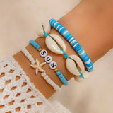 Bomve 4Pcs/Set Boho Blue Polymer Clay Chain Bracelet for Women Summer Vintage Seed Bead Link Bangles Couple Hand Jewelry New