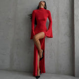 Bomve Fashionable High Neck Slit Long Dress Women's Sexy Backless Slim Dress Elegant Red High Waist Long Sleeve Evening Dress