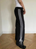 Bomve Women's Y2K Vintage Spring Summer Sporty Loose Long Pants Elastic Low Waist Bow Tied Side Striped Jogger Trousers