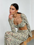 Bomve Sexy Square Collar Print Floral Women Two Piece Sets Green Long Sleeve T-shirt Long Skirt Summer New Casual Skirt Set