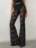 Bomve-Sexy All-match Lace See-through High Waist Pant Women Long Casual Y2K Straight Trouser Female See Through Flare Pants