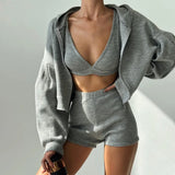 Bomve-2024 Spring and Summer knitted zipper hooded cardigan sweatshirt V-neck bra high-waisted tight shorts casual three-piece set