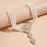 Multilayer Elegant Imitation Pearl Chain Necklace Bracelet for Women Creative Water Drop Rhinestone Jewelry Set Wed Accessories