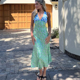 Bomve Women Y2k Floral Deep V Neck Maxi Dress Sleeveless Patchwork Long Dress Going Out Flowy Sundress Trendy Beach Wear