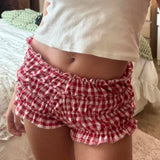 Bomve-Women Summer 2000s Aesthetic Sweet Shorts Kawaii Plaid Print Low Waist Elastic Slim Fit Bloomers Pants Korean Fashion Bottoms