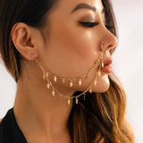 Sexy Fashion European And American Fake Piercing Nose Ring for Women Dancer Long Tassel Leaf Chain Earrings Nose Clip Jewelry