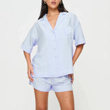 Bomve Womens 2Piece Summer Lounge Set Lapel Neck Short Sleeve Button Down Striped Shirt+Elastic Waist Shorts Pajama Outfits