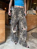 Bomve-Leopard Ripped Wide Leg Jeans For Women High Waist Patchwork Button Loose Fashion Denim Pant Female Clothing New