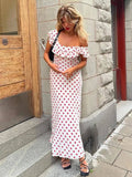 Bomve-2024 Polka Dot Ruffles Bandage Maxi Dress Women Off Shoulder Slim Elegant Party Dress Summer Beach Holiday Sundresses