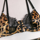 Bomve- Leopard Print Lingerie Set Women Lace Patchwork Bra + Panty Underwear Set 3-Piece Garter Kit Intimates