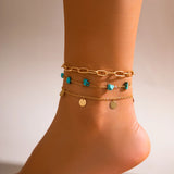 3Pcs/Set Boho Green Natural Stone Thin Chain Anklet for Women Sandals Barefoot Charm Ankle Bracelet Wed Summer Beach Accessories