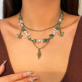 Bomve Goth Creative Green Stone Chain Necklace Women 2024 Trendy Boho Leaf Pendant Choker Aesthetic Y2K Jewelry Accessories