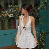 Bomve-Sexy Backless Bow Hanging Neck Dress Summer Women Dress 2024 New Skinny Lace Deep V-Neck breasted Cherry Print Waist Mini Dress