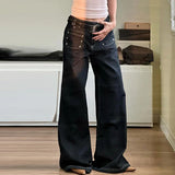 Bomve Fashion Design Belt Wide Leg Jeans Punk Grunge Low Waist Denim Trousers Streetwear Hip Hop Gothic Baggy Pants Y2K