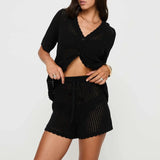 Bomve Chic Women Knitted Lounge Shorts Set Short Sleeve Button Shirt Crochet Knit Short Pants Summer 2 Piece Outfits