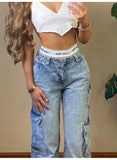 Bomve-American Vintage Women Cargo Pants Low Waist Straight Fake Zippers Multis Pockets Baggy Jeans Y2K Blue Aesthetic Old Trousers