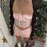 Bomve Y2K Outfits Sweet Cute Bow Strapless Tube Crop Tops Bandeau+Pleated Mini Skirt Fairycore Aesthetic 2 Pcs Set Streetwear